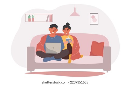 The couple is sitting on the sofa under a warm blanket with a laptop. A guy and a girl are resting at home. Vector graphics.