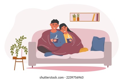 The couple is sitting on the sofa under blanket with a hot drink in their hands. A guy and a girl are resting at home, warming up with tea and coffee. Vector graphics.