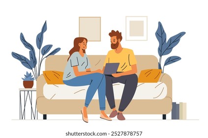 Couple sitting on sofa using laptop cozy home plants
