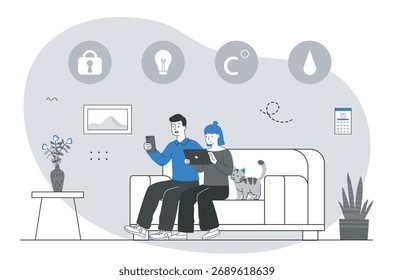 Couple sitting on a sofa using phone and tablet, surrounded by smart home icons, flat graphic style, light background. Concept of smart home control. Vector illustration