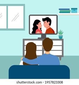 Couple sitting on sofa watching tv in the living room in flat design. Relax time at home.