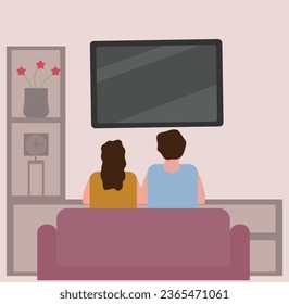 Couple sitting on sofa and watching TV Together in living room. flat vector illustration. 