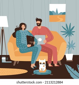 Couple sitting on sofa and working on laptop. Cat Driving or Riding Automatic Cleaner that is Vacuuming Floor. Remote Station Charging. Cartoon Flat Vector Illustration.