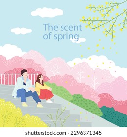 A couple sitting on the stairs on a spring day when cherry blossoms and forsythia bloom