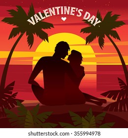Couple sitting on a sunset on the beach and looking at each other - Valentine's Day concept. Vector illustration