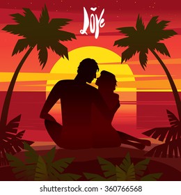 Couple sitting on a sunset on the beach and looking at each other - Romantic date concept. Vector illustration