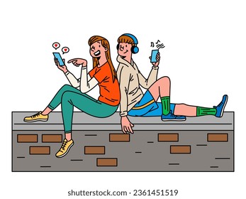 couple sitting on their backs, social network, couple talking, clipart