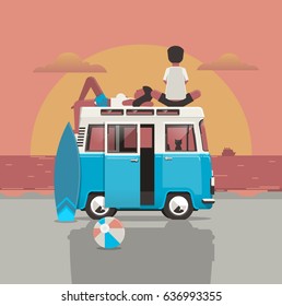 Couple sitting on top of a camper enjoying the sunset, illustration