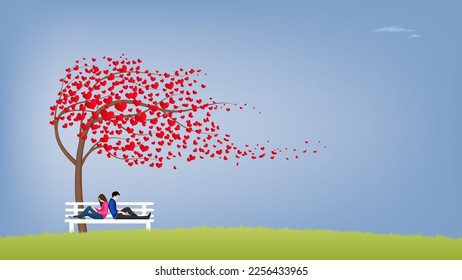 Couple sitting on white wooden chair under tree of love on grass hill background for Valentine's day decorations illustration vector.