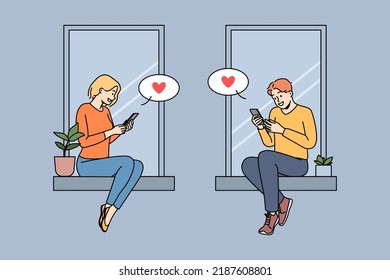 Couple sitting on windowsills texting online on cellphones. Man and woman in love message on internet on smartphones. Web dating. Vector illustration. 