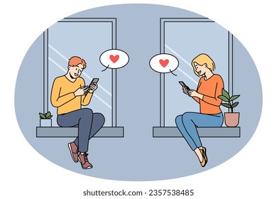 Pareja sentada en ventanas envía mensajes de texto en línea a teléfonos celulares. Hombre y mujer con mensaje de amor en Internet en smartphones. Cifras Web. Ilustración vectorial.