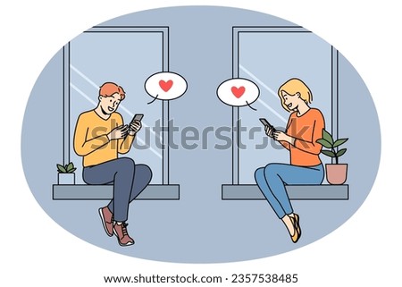 Couple sitting on windowsills texting online on cellphones. Man and woman in love message on internet on smartphones. Web dating. Vector illustration.