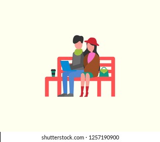 Couple sitting on wooden bench working on PC laptop vector. Freelancers with coffee in cup, leisure in of man and woman. Joyful people on freelance