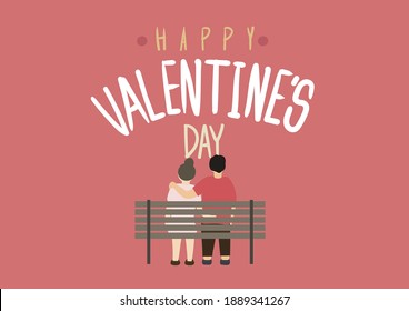 Couple sitting on the wooden bench together in Valentine's day, a man hug his girlfriend's shoulder, a woman hug her boyfriend's waist.