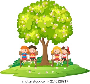 Couple sitting on wooden bench isolated illustration