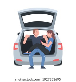 Couple Sitting in Open Car Trunk Taking Picture Vector Illustration