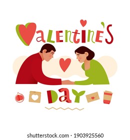 Couple Sitting Opposite to Each Other and Holding. Valentine's Day. Lettering Composition with Decorative Elements. Modern Flat Vector Illustration. Social Media Ads.