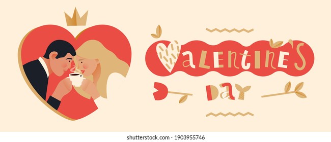 Pareja sentada frente a la otra y sostener tazas de café. Día de San Valentín. Ilustración moderna de vectores planos. Composición de letras con elementos decorativos. Anuncios de medios sociales.