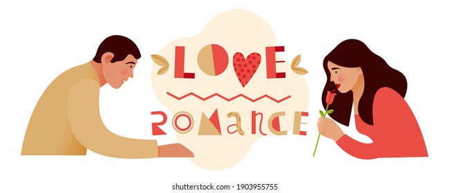 Couple Sitting Opposite to Each Other. Female Hold Flower. Love. Romance. Modern Flat Vector Illustration. Lettering Composition with Decorative Elements. Social Media Ads.