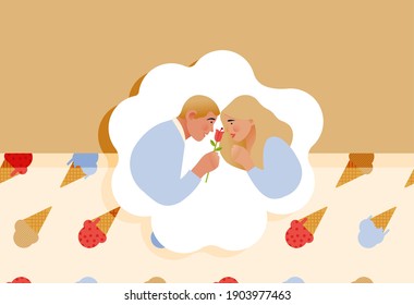 Pareja sentada frente a la otra. Un Hombre Sujeta Flor. Fondo De Patrón De Ice Cream Seamless. Ilustración moderna de vectores planos. Anuncios de medios sociales.