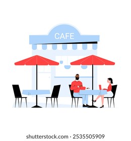 Pareja Sentada En La Mesa De Café Al Aire Libre Bajo Los Paraguas En La Ilustración vectorial Plana Que Simboliza La Relajación, La Socialización Y La Cultura De Café, Aislado Sobre Fondo Blanco