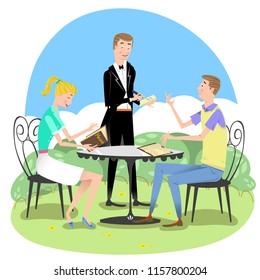Couple sitting outside, man ordering from waiter in tails, woman reading menue (vector illustration)