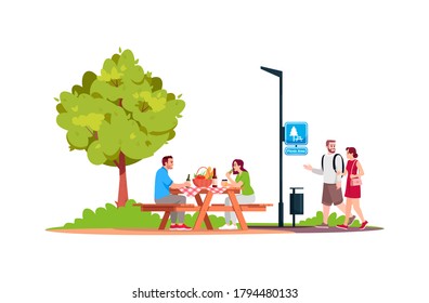 Pareja sentada en una mesa de picnic en la ilustración de vector de color RGB semiplana del parque. Hombre y mujer caminando por la zona de recreación pública. Ocio y salida. Personajes de caricatura aislados sobre fondo blanco