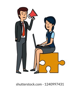 couple sitting in puzzle piece with laptop and megaphone