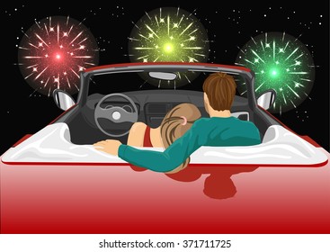 Couple Sitting In Red Convertible Car Enjoying A Fireworks Show