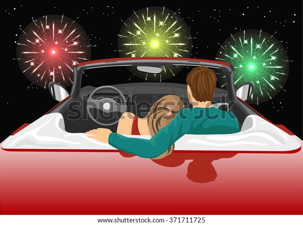 couple sitting in red convertible car enjoying a\
fireworks show