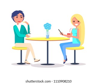 Couple sitting in restaurant and drinking coffee vector of male and female sitting at table, girl holding smartphone in hands, lovers in cafe isolated