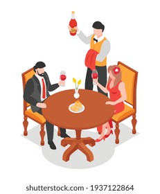 Pareja sentada en la mesa del restaurante degustando vino tinto y sumiller con ilustración vectorial isométrica de botella