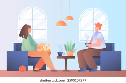 A couple sitting in a room with a cat, flat graphic style, light blue background, concept of relaxation and companionship. Vector illustration