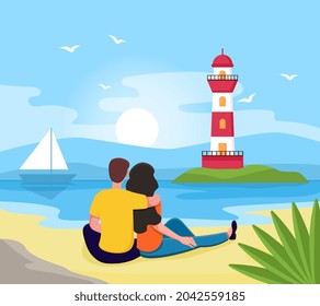 Couple sitting at seashore concept. Man and woman sitting on beach, hugging and looking at lighthouse. Romantic trip or date. Cartoon modern flat vector illustration isolated on blue background