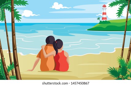 couple sitting at seashore. Relaxed. Looking at lighthouse