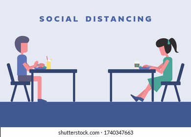 A couple sitting at separate tables to keep social distance while having a meal at a restaurant, prevent Covid-19 Virus Pandemic, New Normal living style