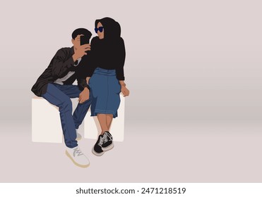 A couple sitting side by side on white box. Vector illustration.