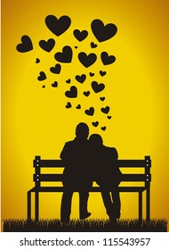 Couple Sitting Silhouette With Hearts Over Orange Background. Vector