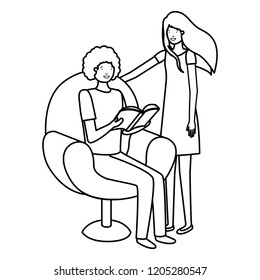 couple sitting in sofa with book avatar character