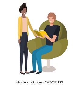 couple sitting in sofa with book avatar character