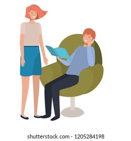 couple sitting in sofa with book avatar character