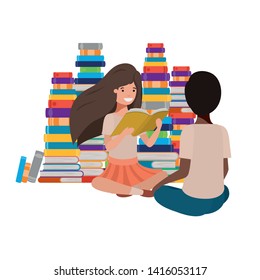 couple sitting with stack of books