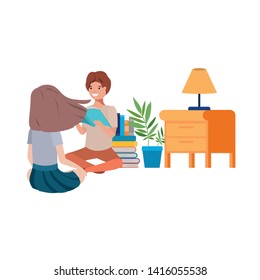 couple sitting with stack of books
