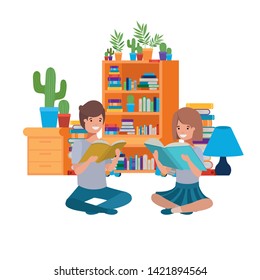 couple sitting with stack of books