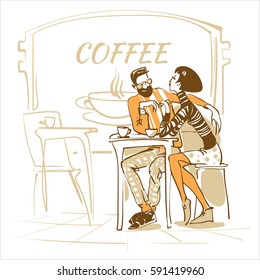 A couple are sitting at a table in a cafe on the street. Linear, hand drawn