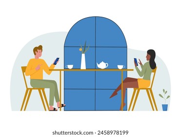 Pareja sentada en la mesa en el café o el restaurante, hombre y mujer con teléfonos móviles Ilustración vectorial