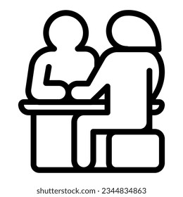 Couple sitting at the table, date line icon, dating concept, man and woman dating vector sign on white background, outline style icon mobile concept web design. Vector graphics.