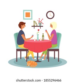 Couple sitting at the table drinking wine. Romantic dinner at home. Vector flat illustration