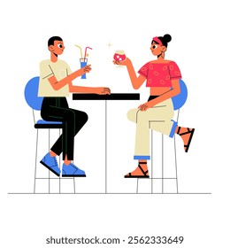 Couple Sitting At A Table With Drinks In Flat Vector Illustration Symbolizing Social Interaction, Romance, And Conversation, Isolated On White Background