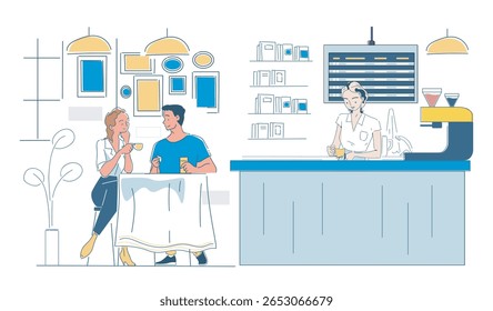A couple sitting at a table enjoying drinks while chatting, with a barista working behind the counter, minimalist line art style on white background. Vector illustration